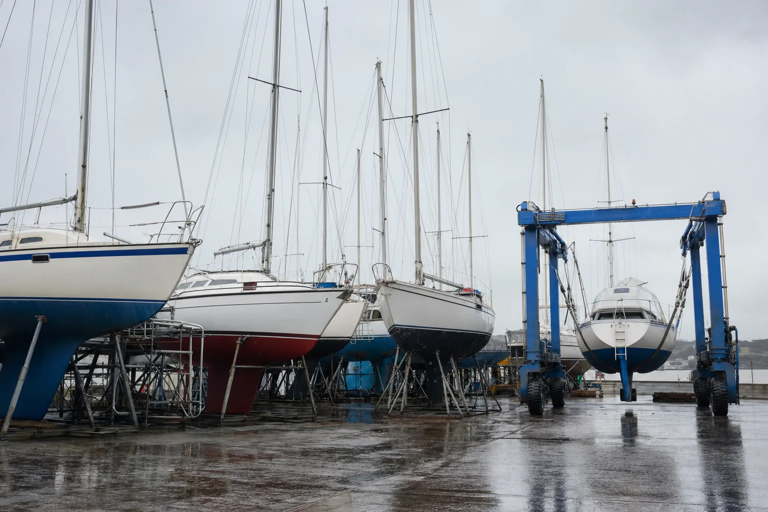 Yachts propped ashore on a boatyard hardstanding under a travel hoist