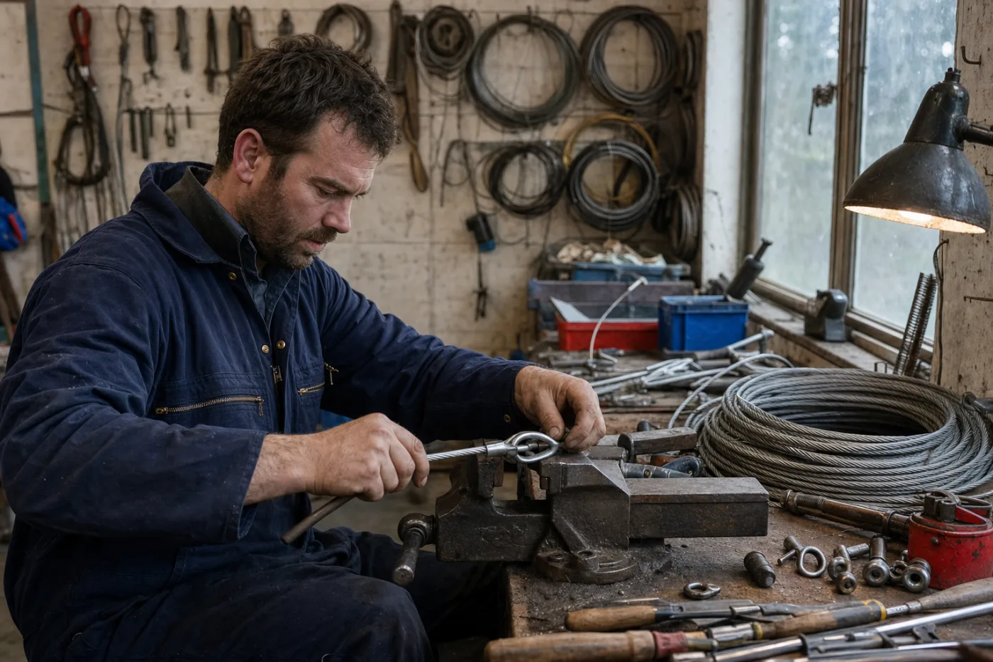 A rigger making up a wire terminal at a bench in a rigging workshop
